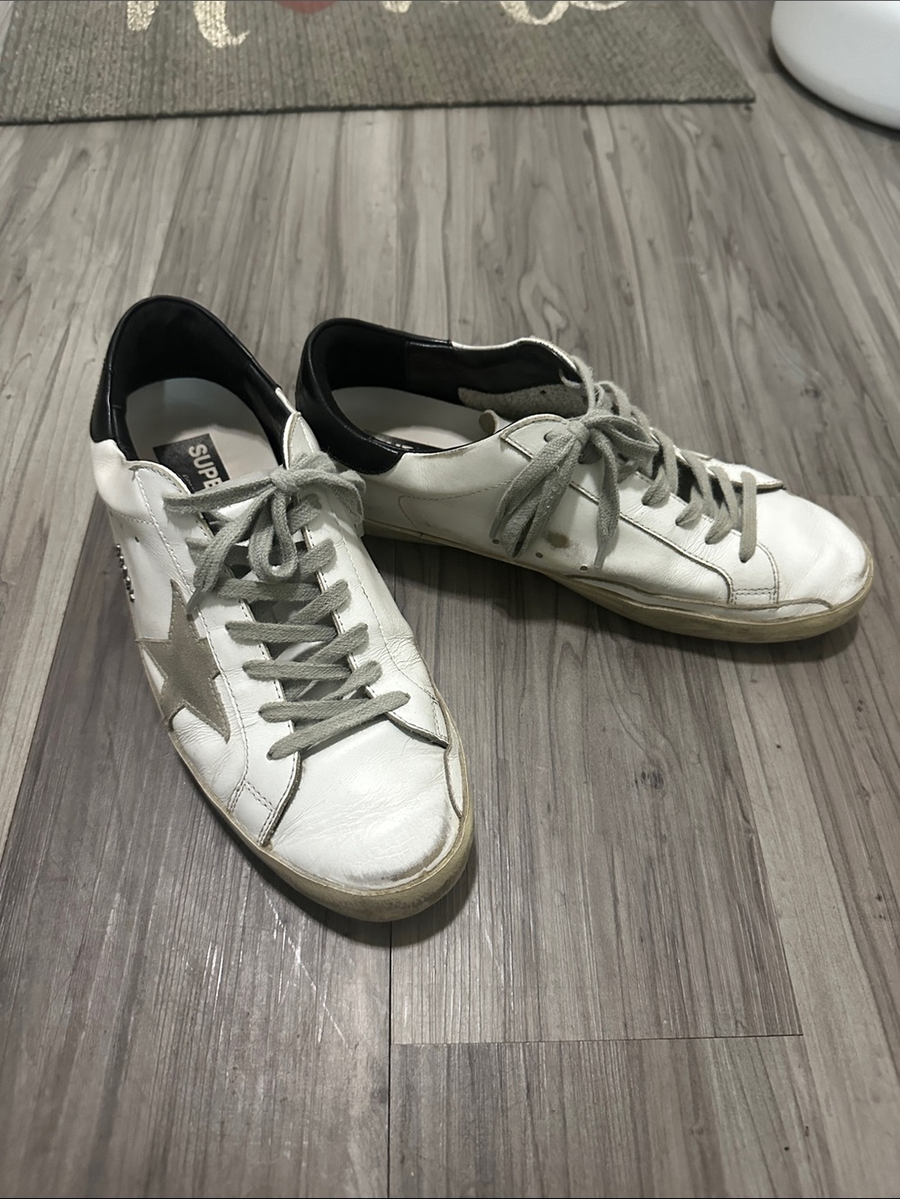 Golden Goose White Leather Sneakers with Gray Star and Black Heel